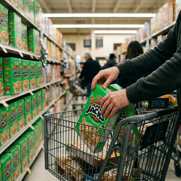 Person putting Crunchy Oats cereal box into shopping cart in a supermarket aisle